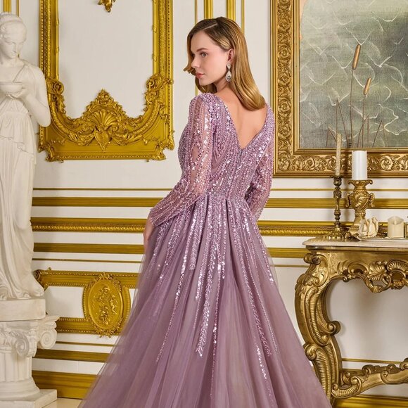 New Mauve Sheath Mother Of Bride Beaded Gown w/ Overskirt & Long Sleeves GL3832 - Picture 10 of 14